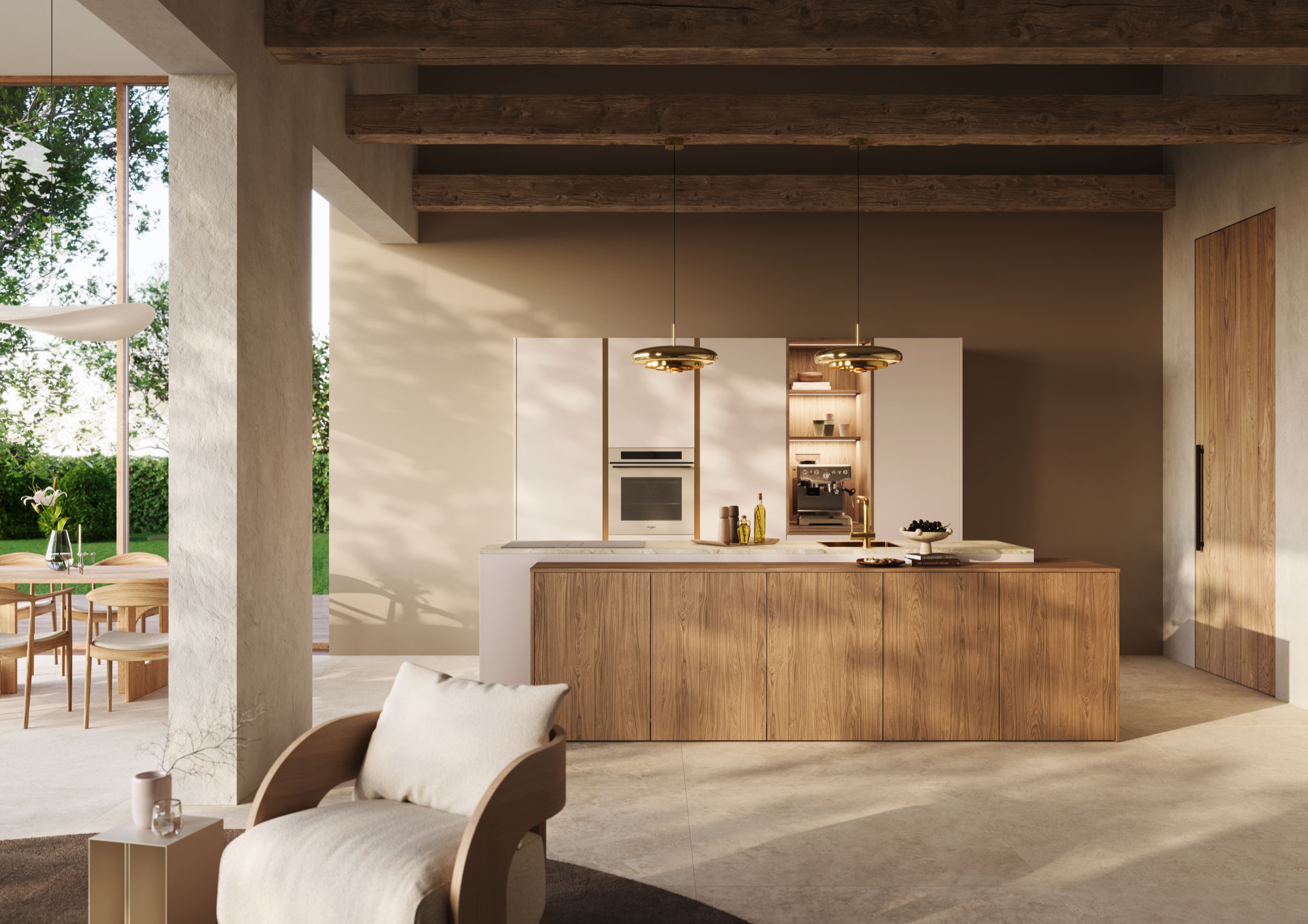 Luxe Scandinavische design keuken met eiland, Scandinavisch bruin eikenhout en lichte natuursteen afwerking