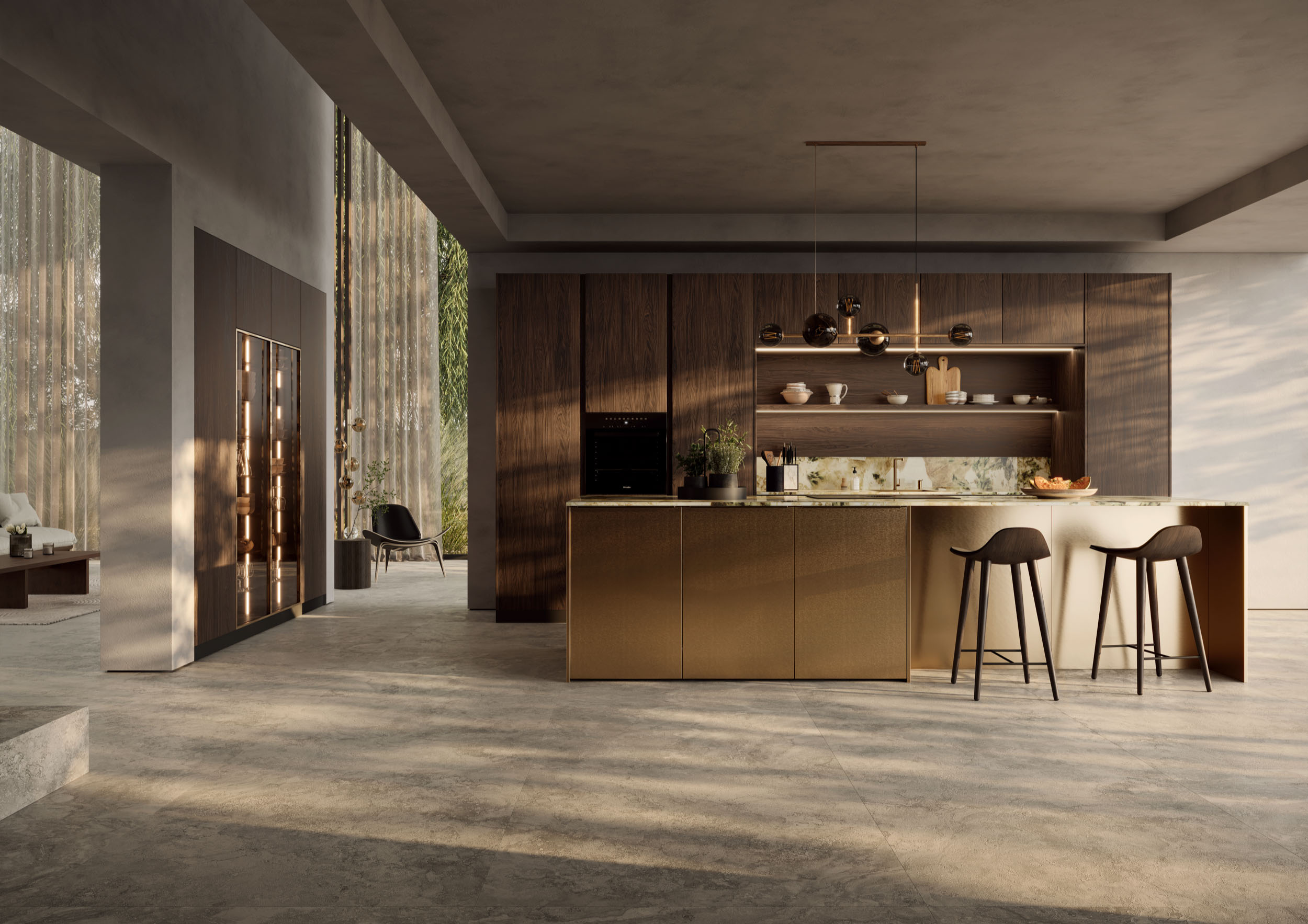 Moderne keuken met kookeiland, donker eikenhout, metalen fronten en luxe sfeerverlichting