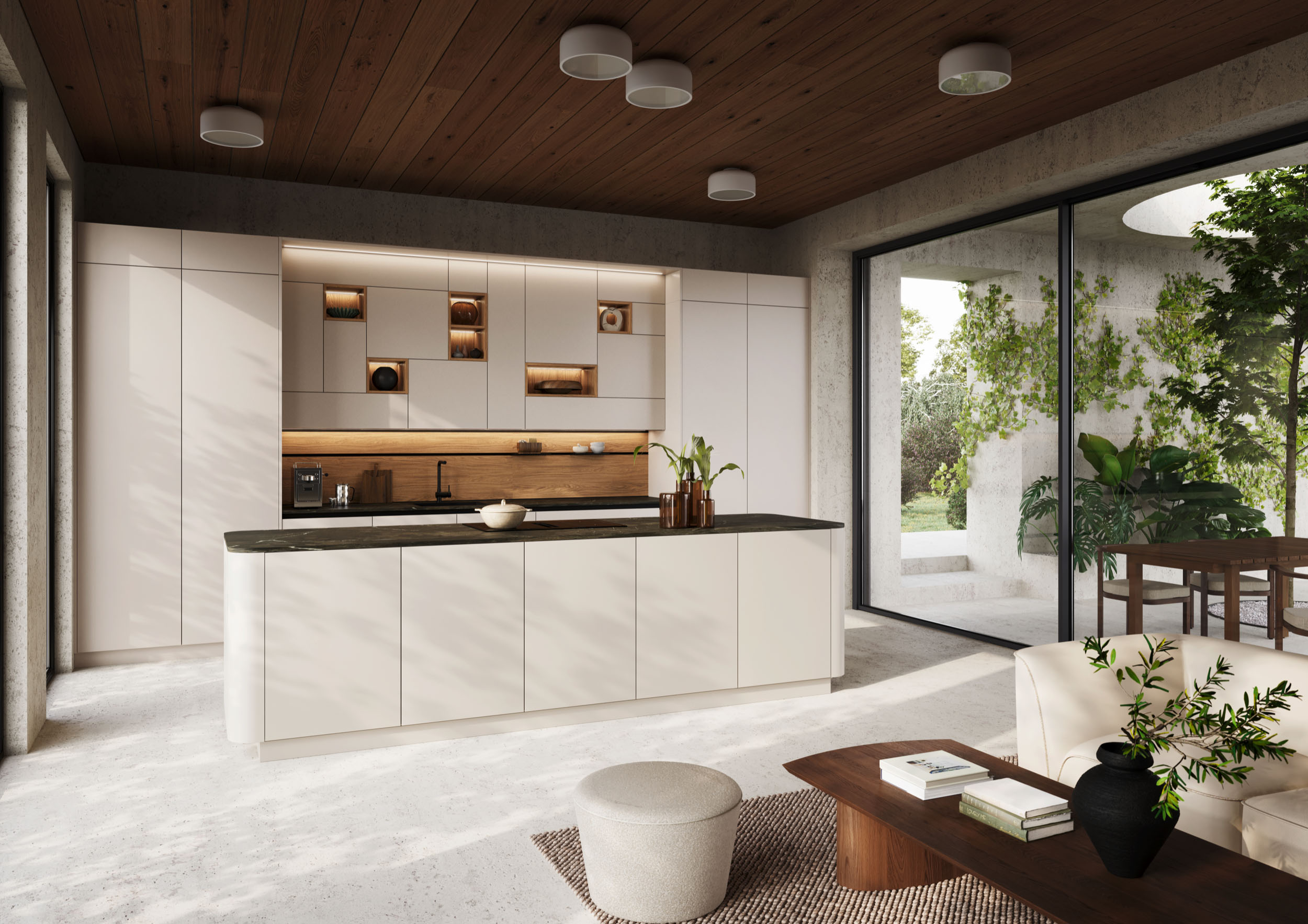Minimalistische witte keuken met kookeiland, houten accenten en grote raampartijen