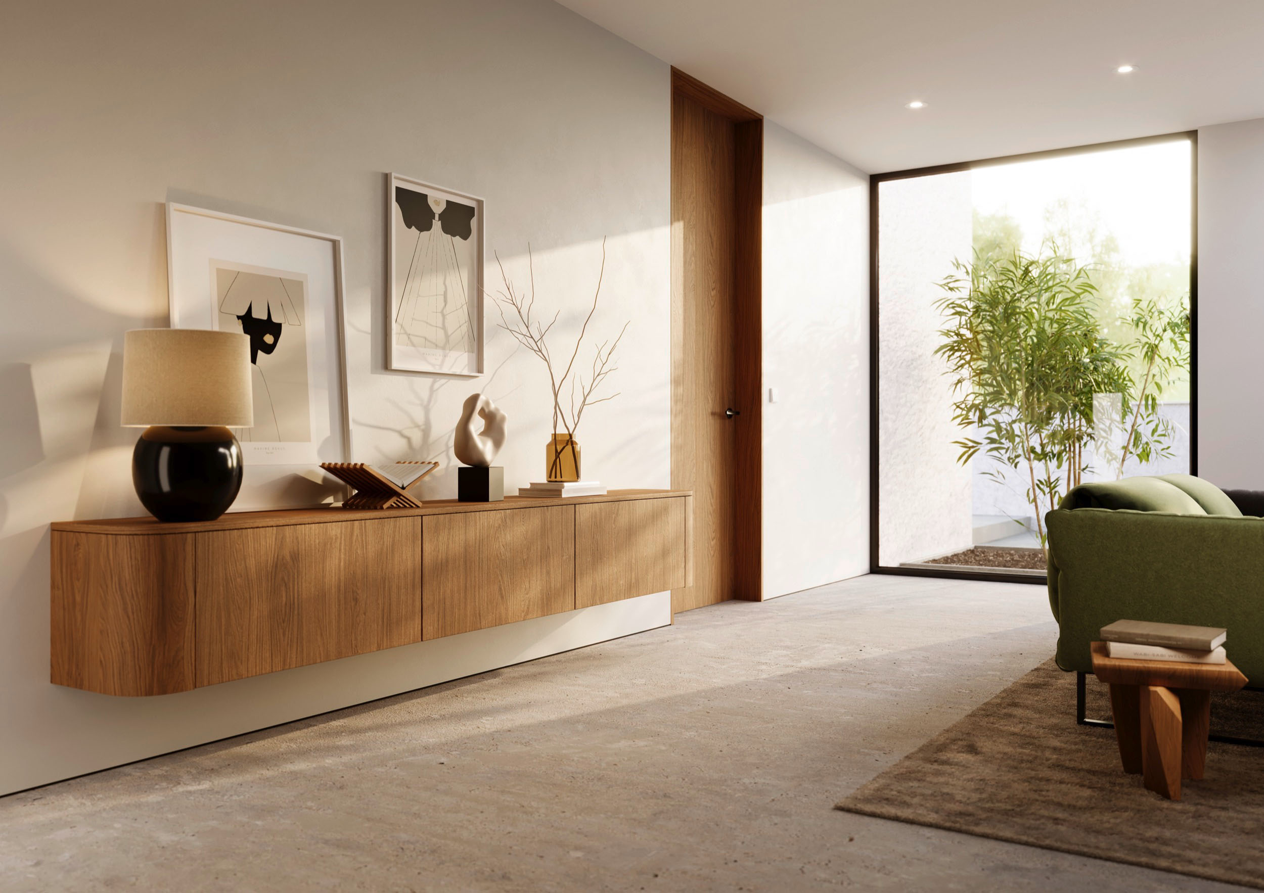 Zwevend maatwerk dressoir van Scandinavisch eikenhout in moderne entree met natuurlijke lichtinval