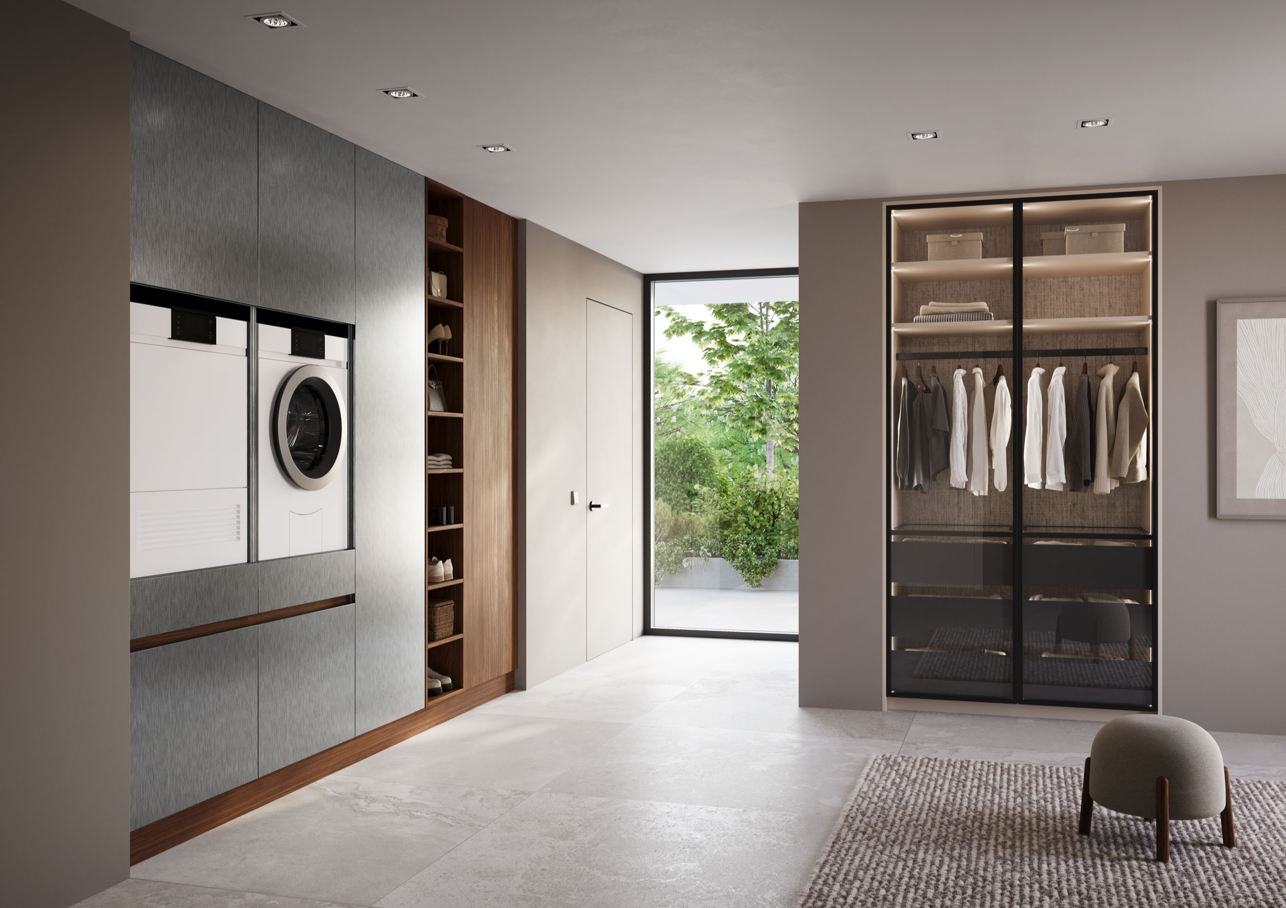 Luxe bijkeuken met maatwerkkasten, geïntegreerde wasmachine en verlichte kledingkast
