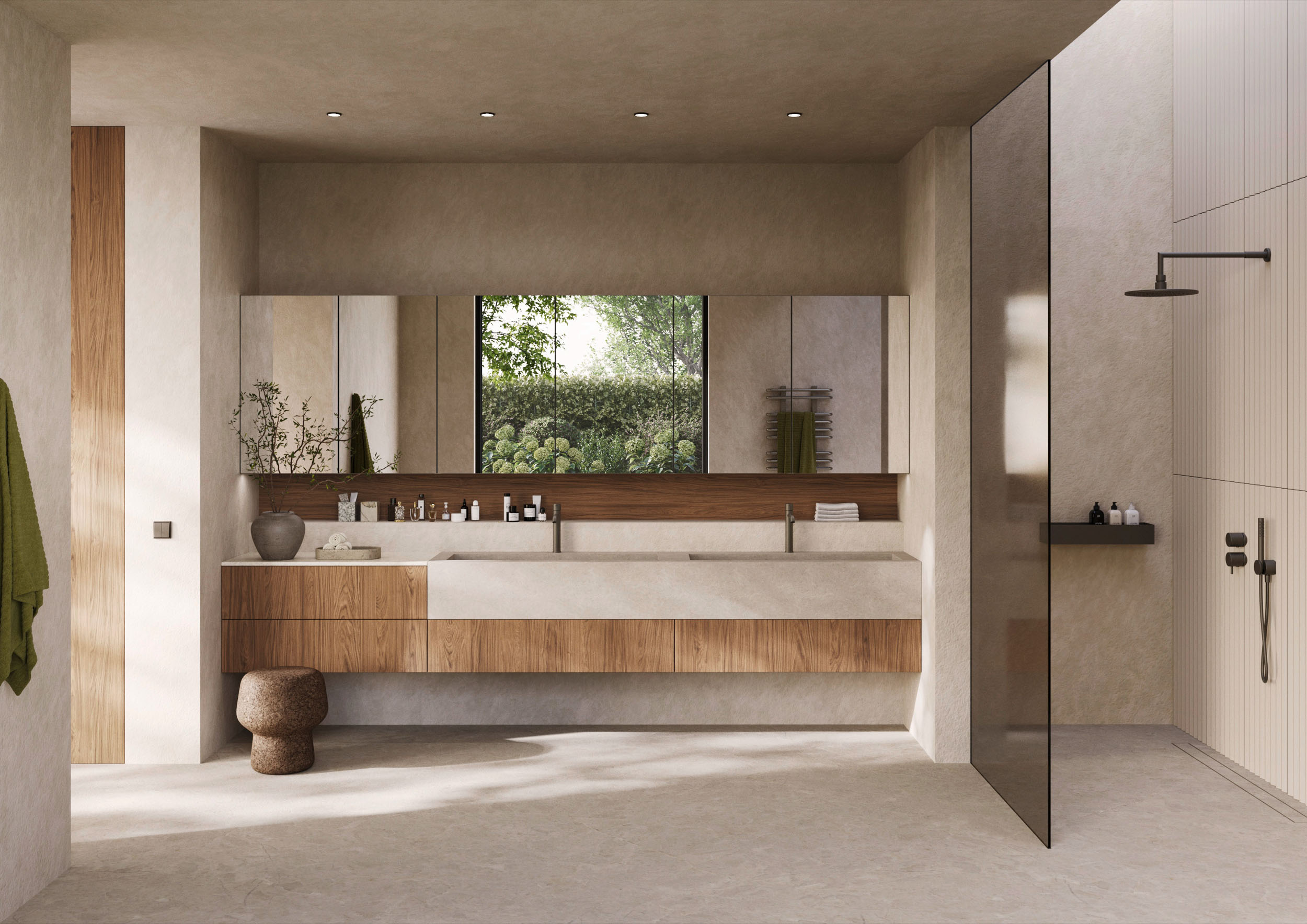 Moderne badkamer met dubbel wastafelmeubel, houtlook fronten en inloopdouche