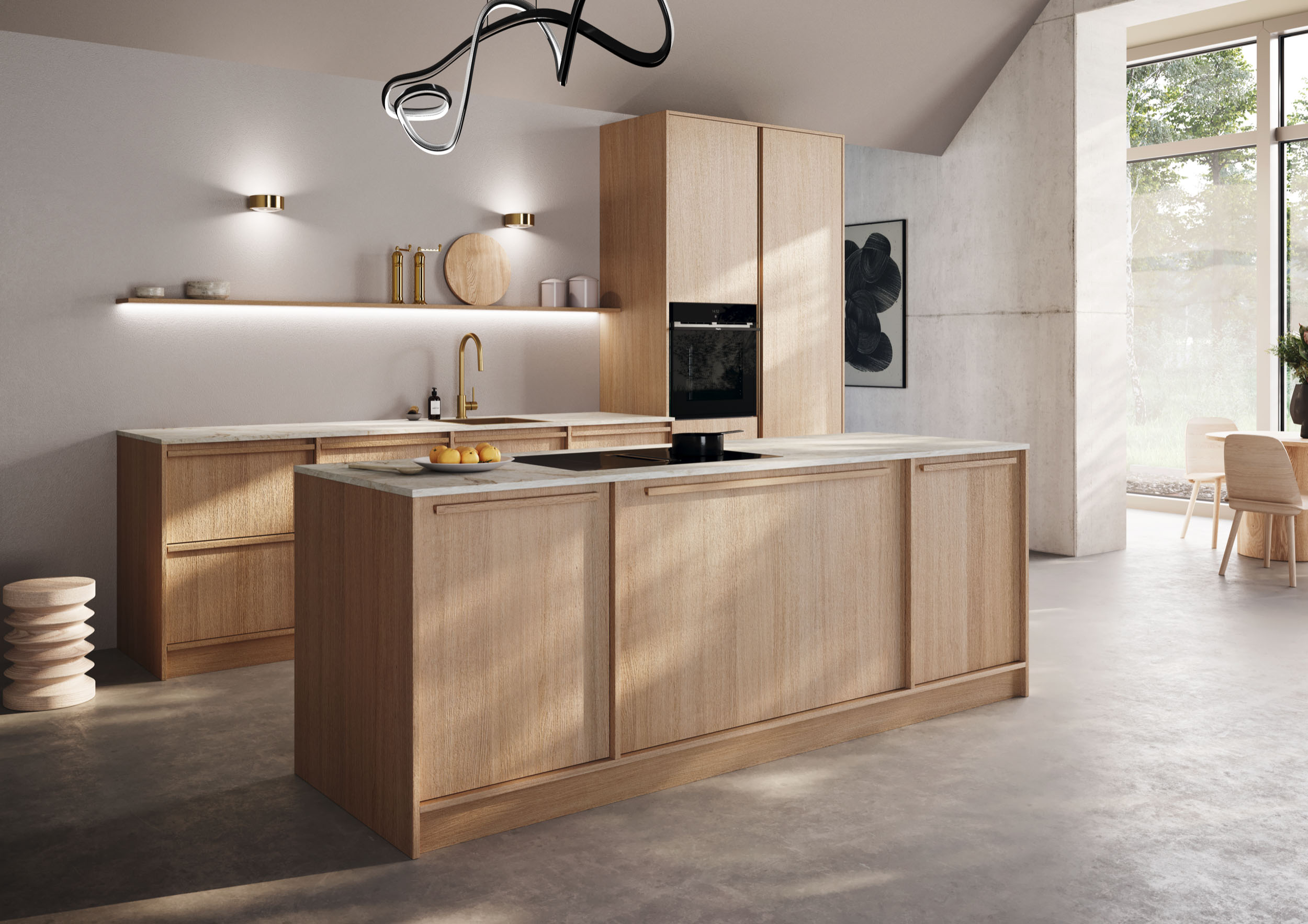 Luxe houten keuken met kookeiland, marmeren werkblad en minimalistisch interieurdesign