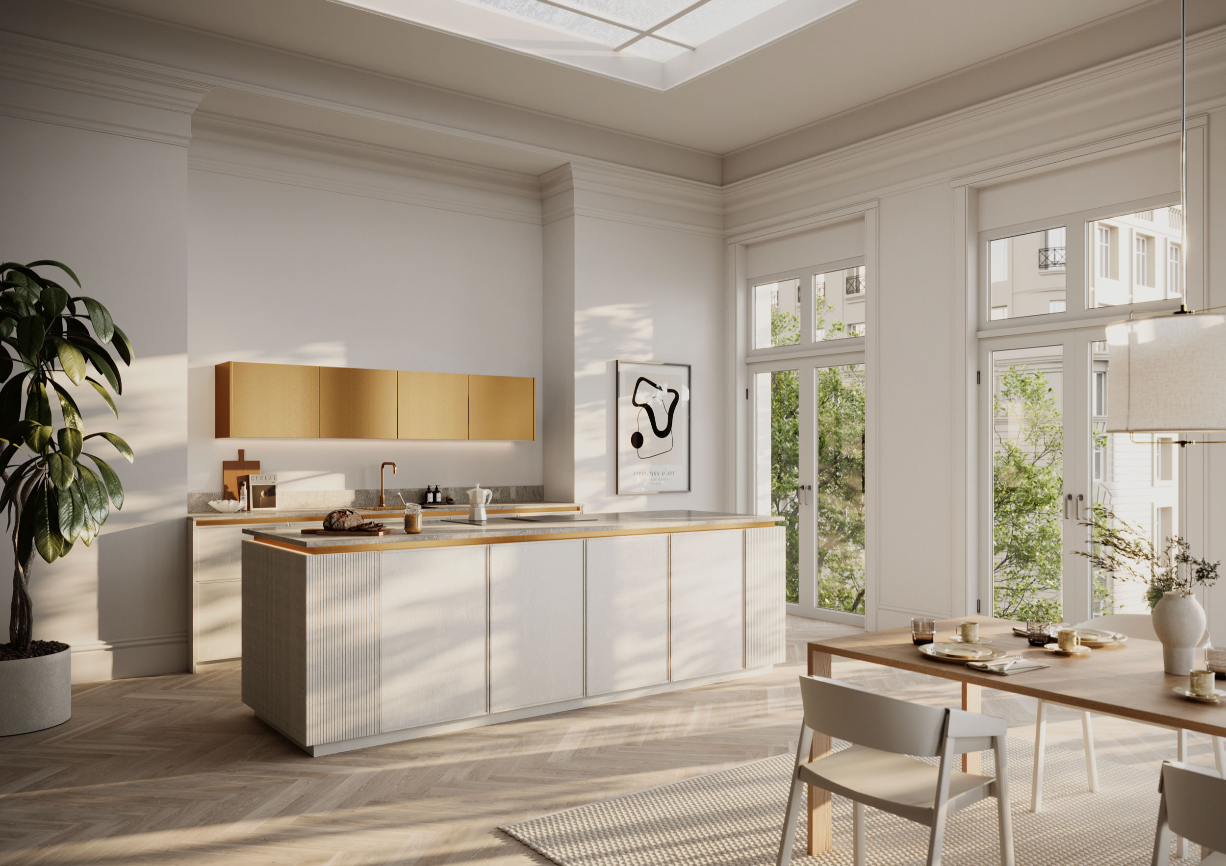 Moderne keuken in nisopstelling met warme terracotta fronten en geïntegreerde ledverlichting