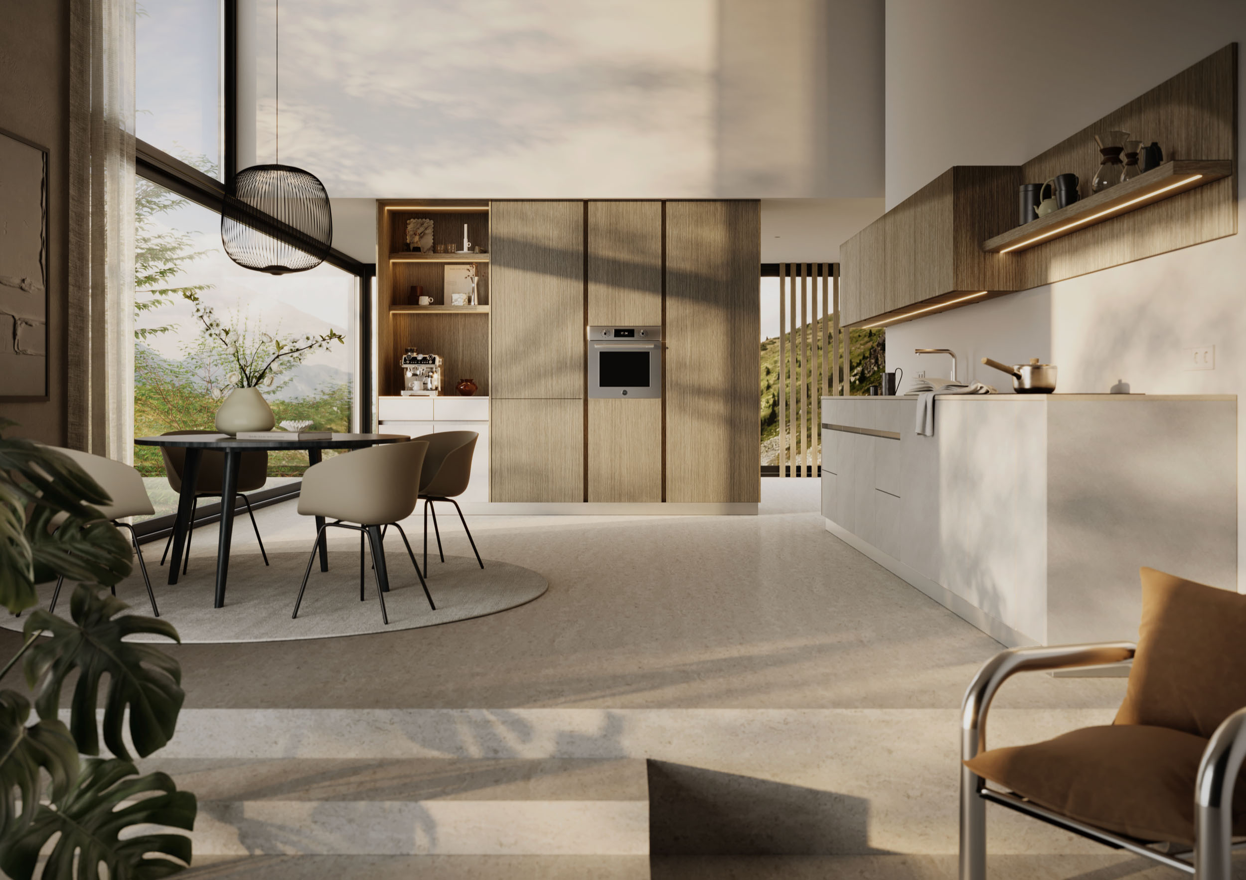 Lichte design keuken met houtlook fronten, dakraam en strak geïntegreerde apparatuur